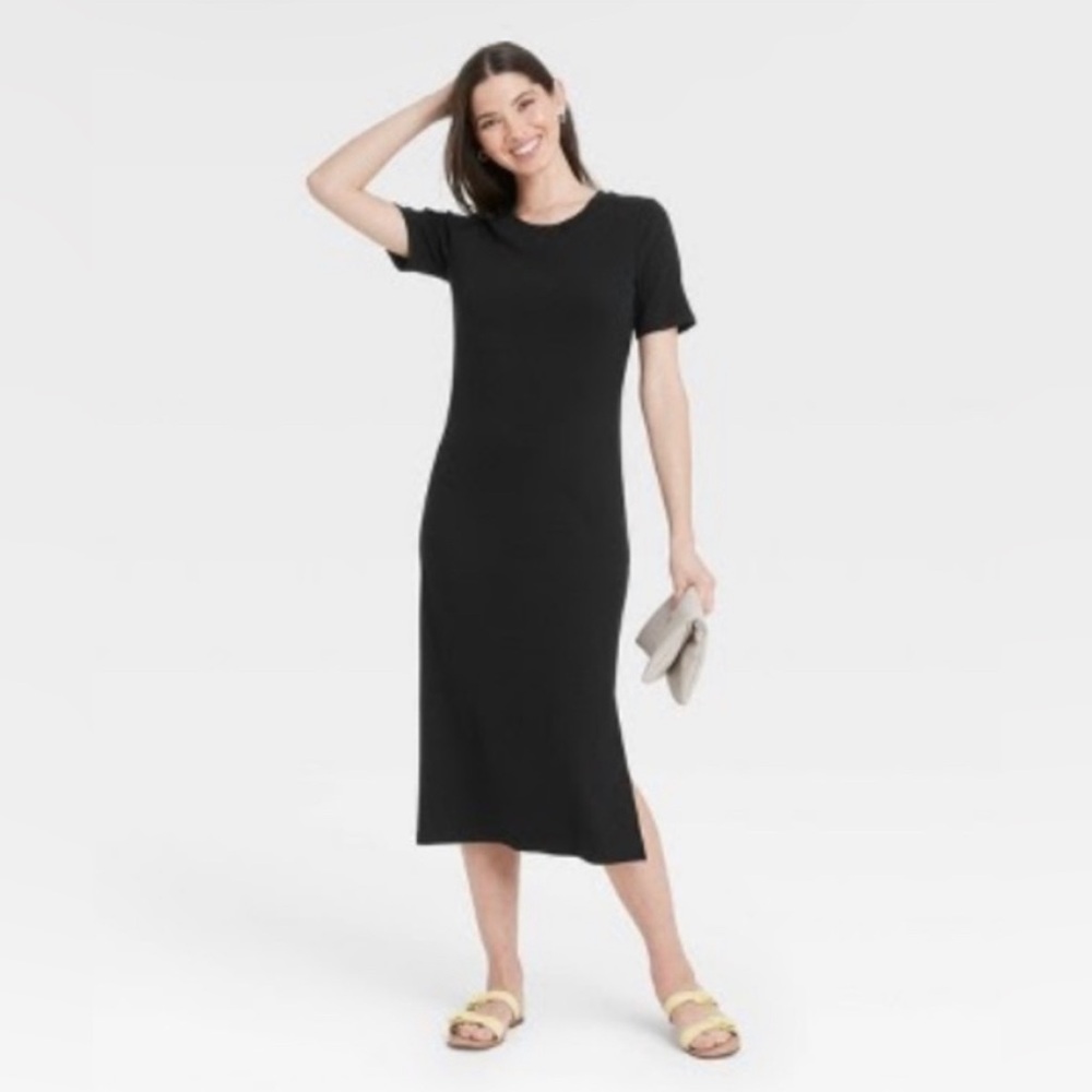 A New Day X-Small Black Short Sleeve Rib Knit T-Shirt Midi Dress